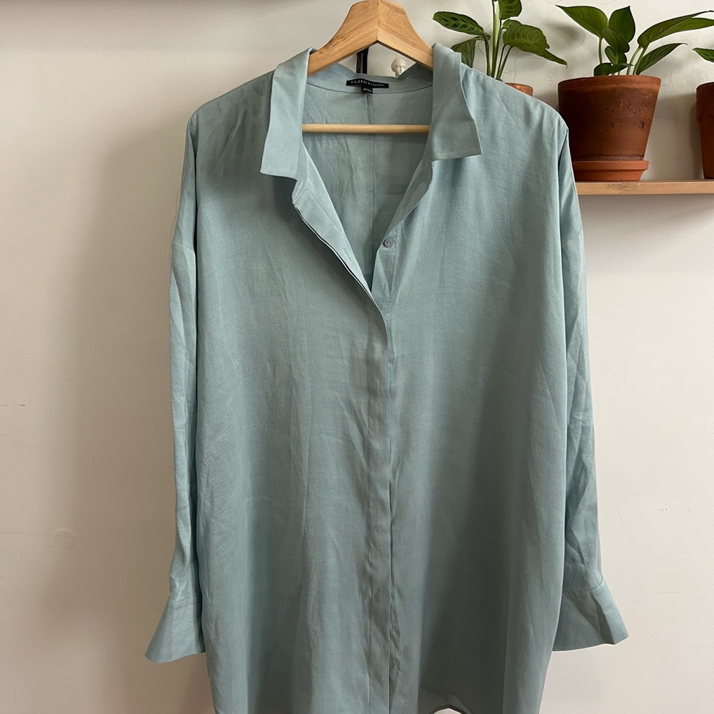 Eileen Fisher Oversized Light Blue Long Sleeve Silk Button Down Tunic